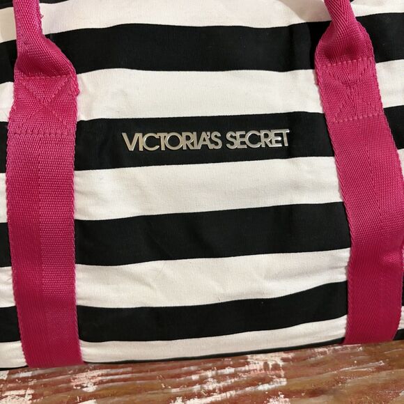 Y2K 2000s Victoria’s Secret Pink Duffle Bag Weekender Black White Stripe Strap - Picture 2 of 14
